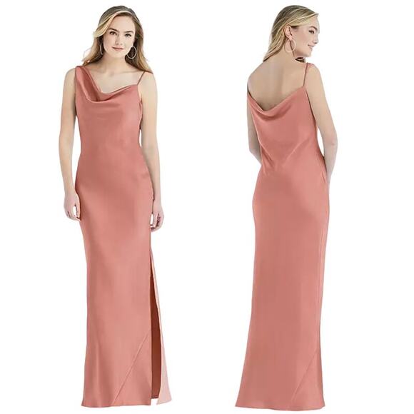 SOCIAL BRIDESMAIDS 8211 Asymmetrical One Shoulder Cowl Maxi Slip Dress Pink L - Picture 1 of 7